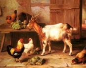 埃德加亨特 - Goat And Chickens Feeding In A Cottage Interior
